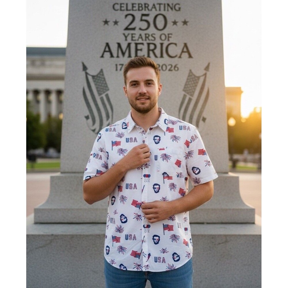 Mad Engine Patriotic Cotton Shirt Size XXL, Lincoln, Flags, Fireworks, USA